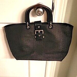 Ann Taylor Black Woven Tote with Wooden Handles